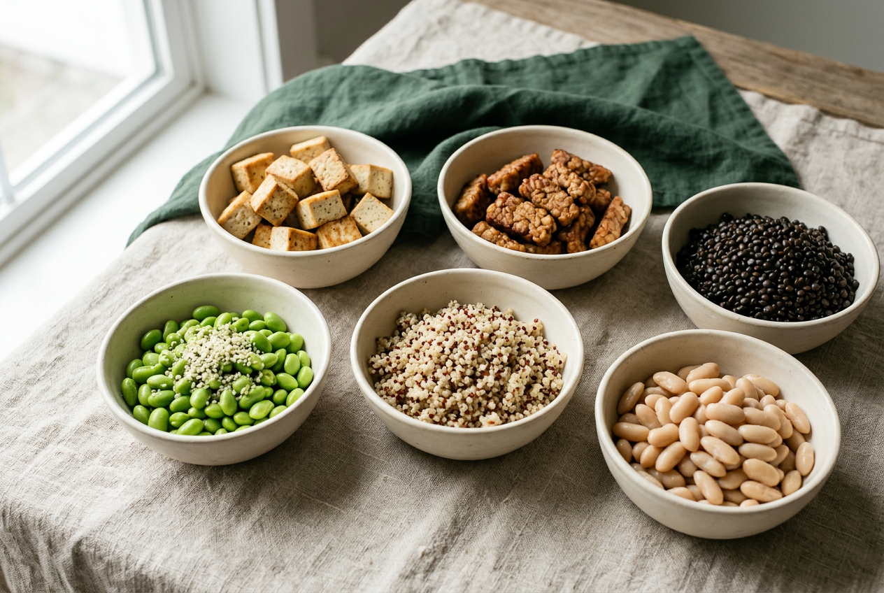 Tofu, tempeh, lentils, beans, quinoa and seeds arranged as vegan protein building blocks