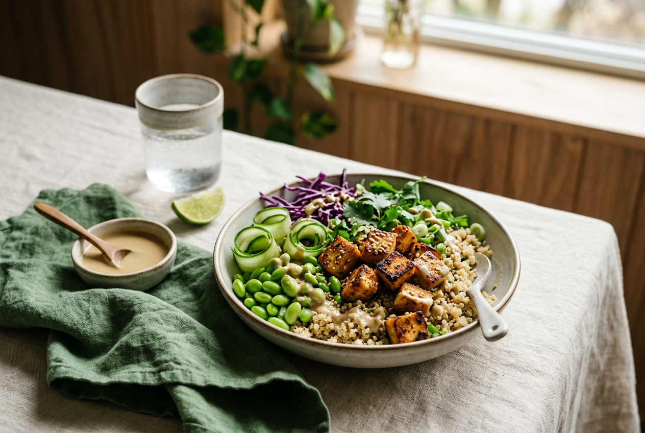 Crispy tofu quinoa bowl with edamame, cucumber and ginger-lime dressing