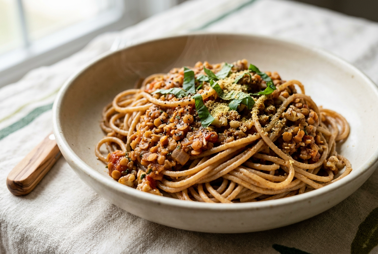 Red lentil and walnut bolognese over whole-wheat spaghetti