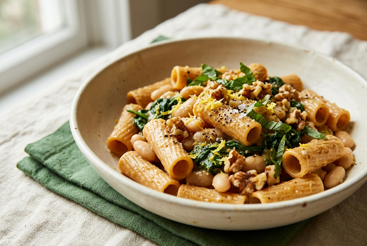 Creamy lemon-miso red lentil pasta with beans, spinach and walnuts