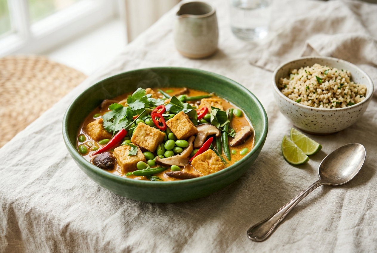 Thai red tofu curry with edamame, mushrooms and green beans