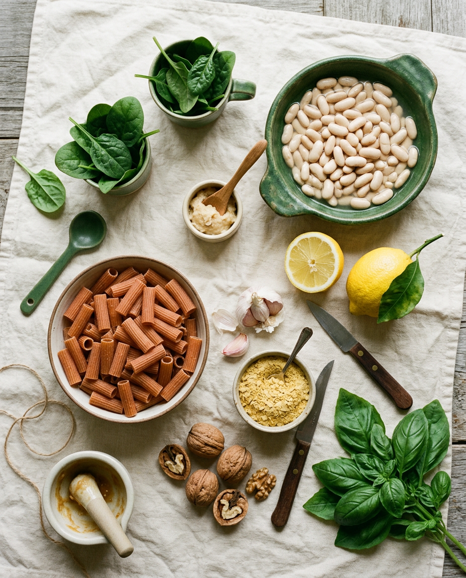 Creamy lemon-miso lentil pasta with white beans ingredients