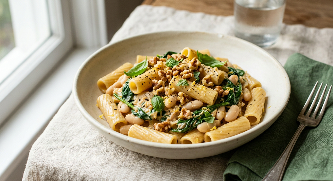 Creamy lemon-miso lentil pasta with white beans
