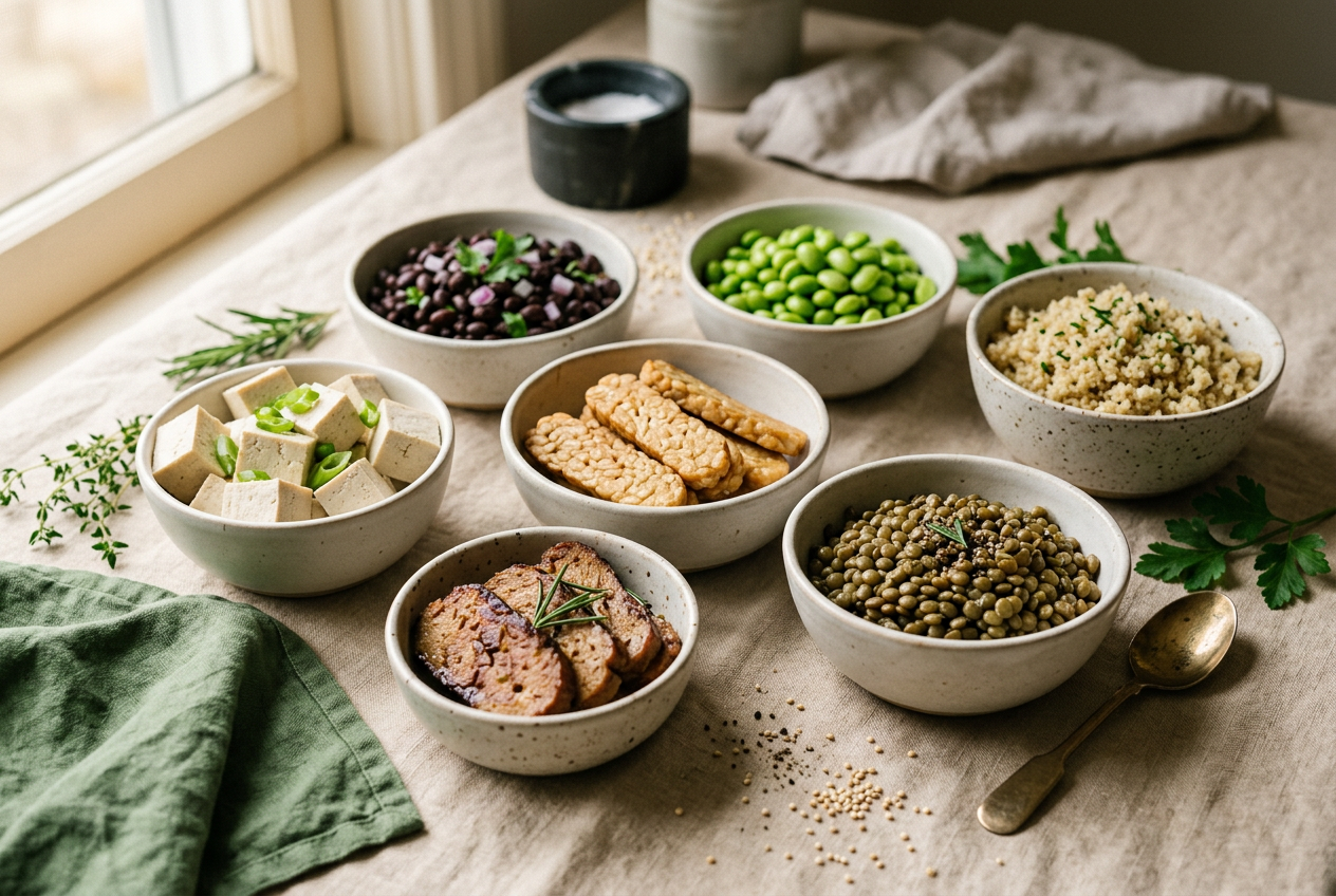 Tofu, tempeh, seitan, lentils, beans and quinoa arranged as meal-prep protein choices