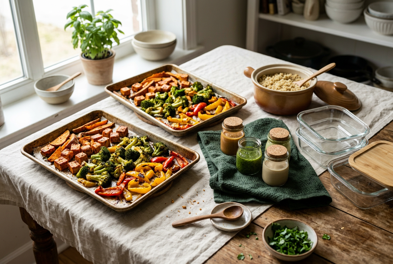 Sheet pans of tofu and vegetables during a Sunday vegan meal-prep session