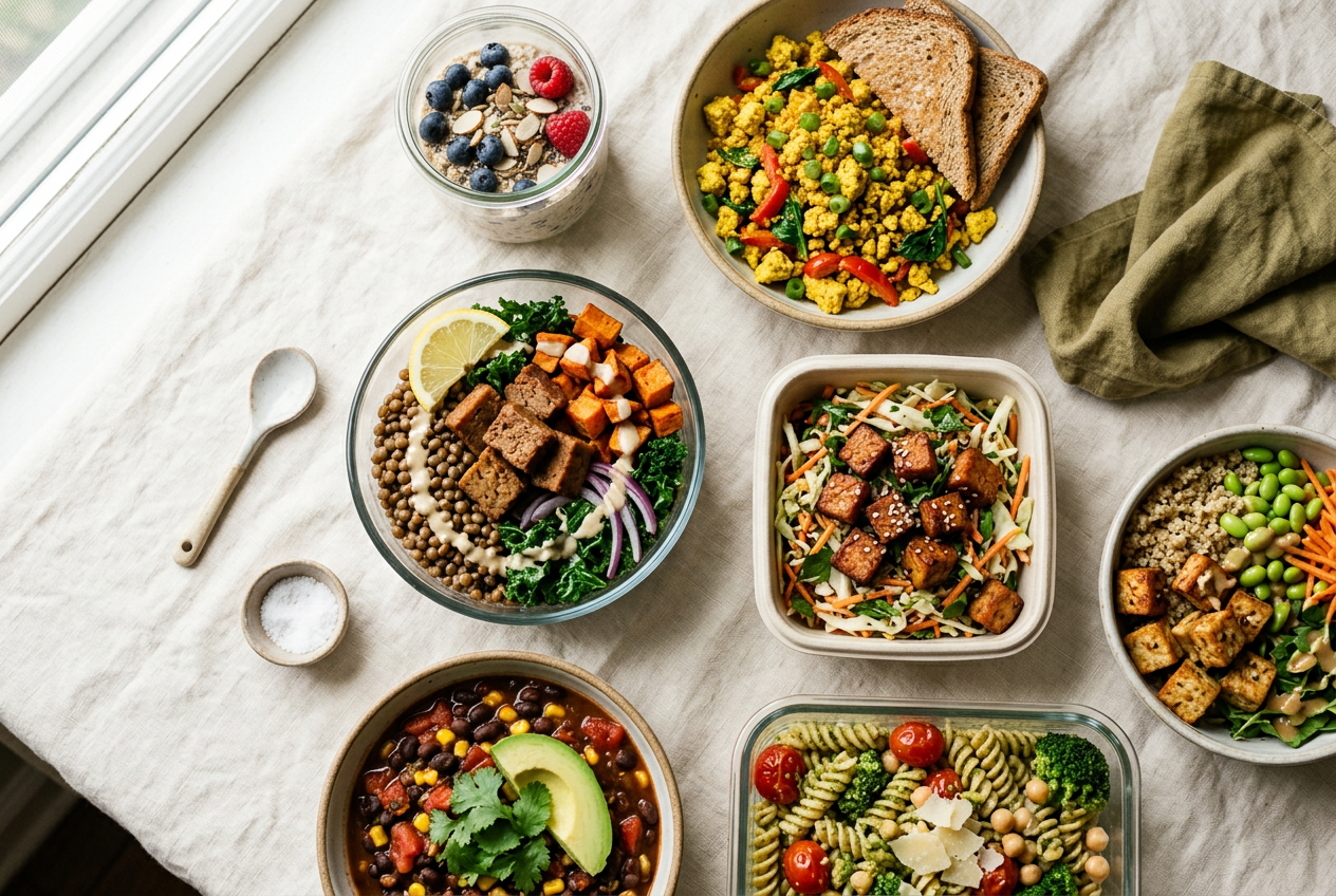 A varied spread of seven high-protein vegan breakfasts, lunches and dinners