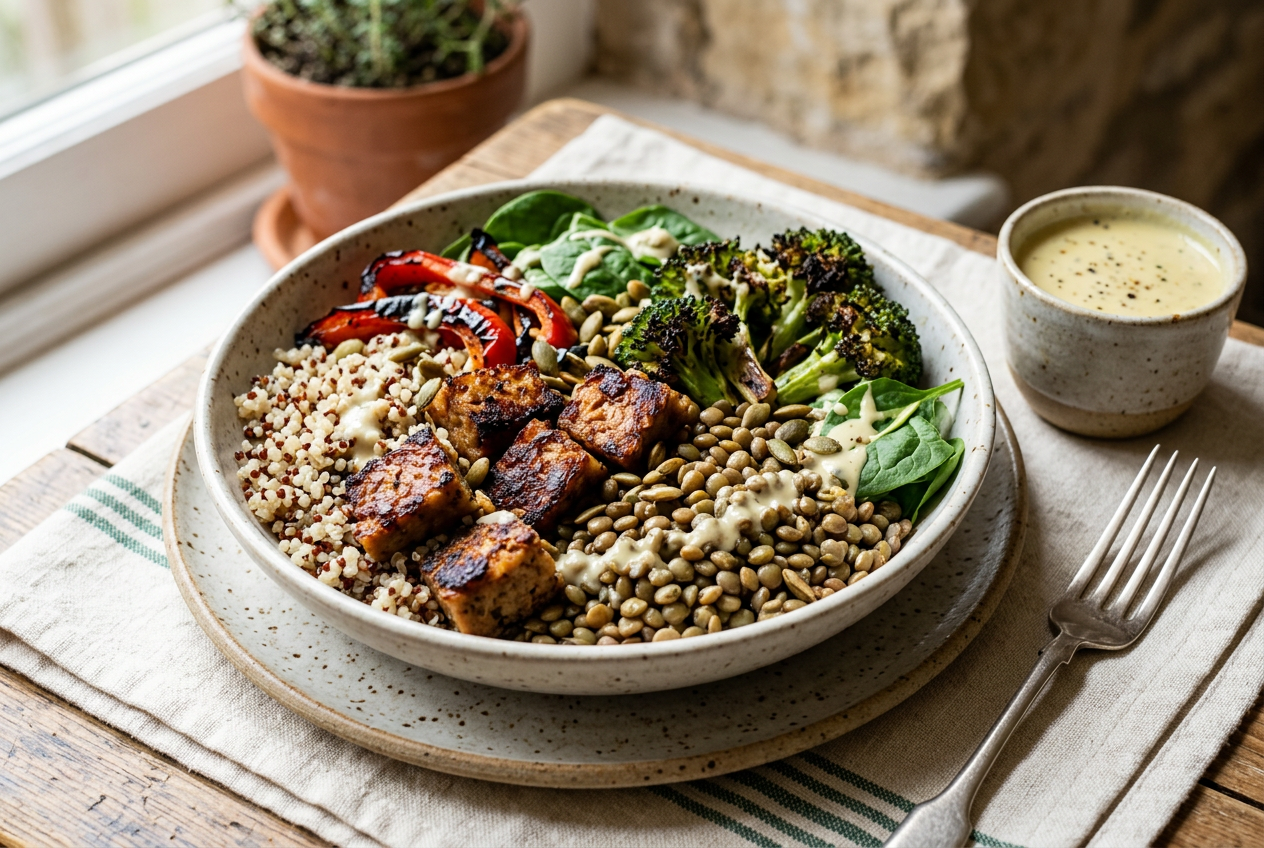 Lemon-tahini lentil and seitan quinoa bowl with roasted broccoli and peppers