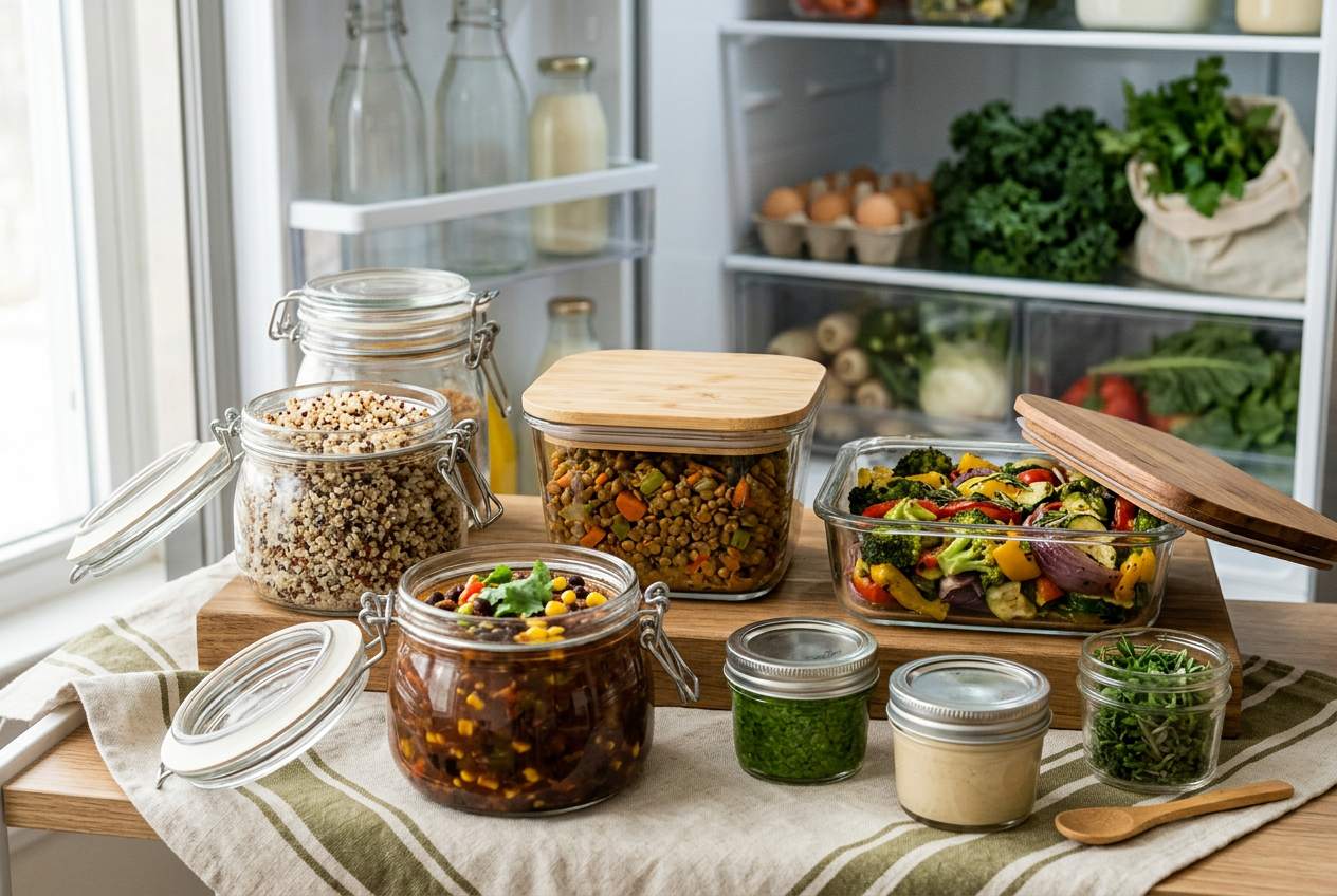 Labelled glass containers of vegan quinoa bowls being arranged for refrigeration and freezing