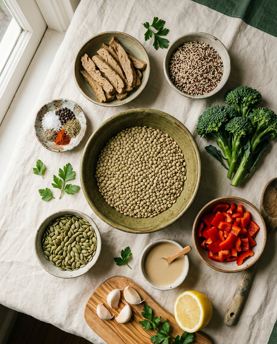 Lemon-tahini lentil and seitan meal-prep bowls ingredients