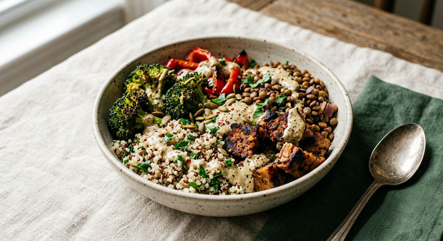 Lemon-tahini lentil and seitan meal-prep bowls